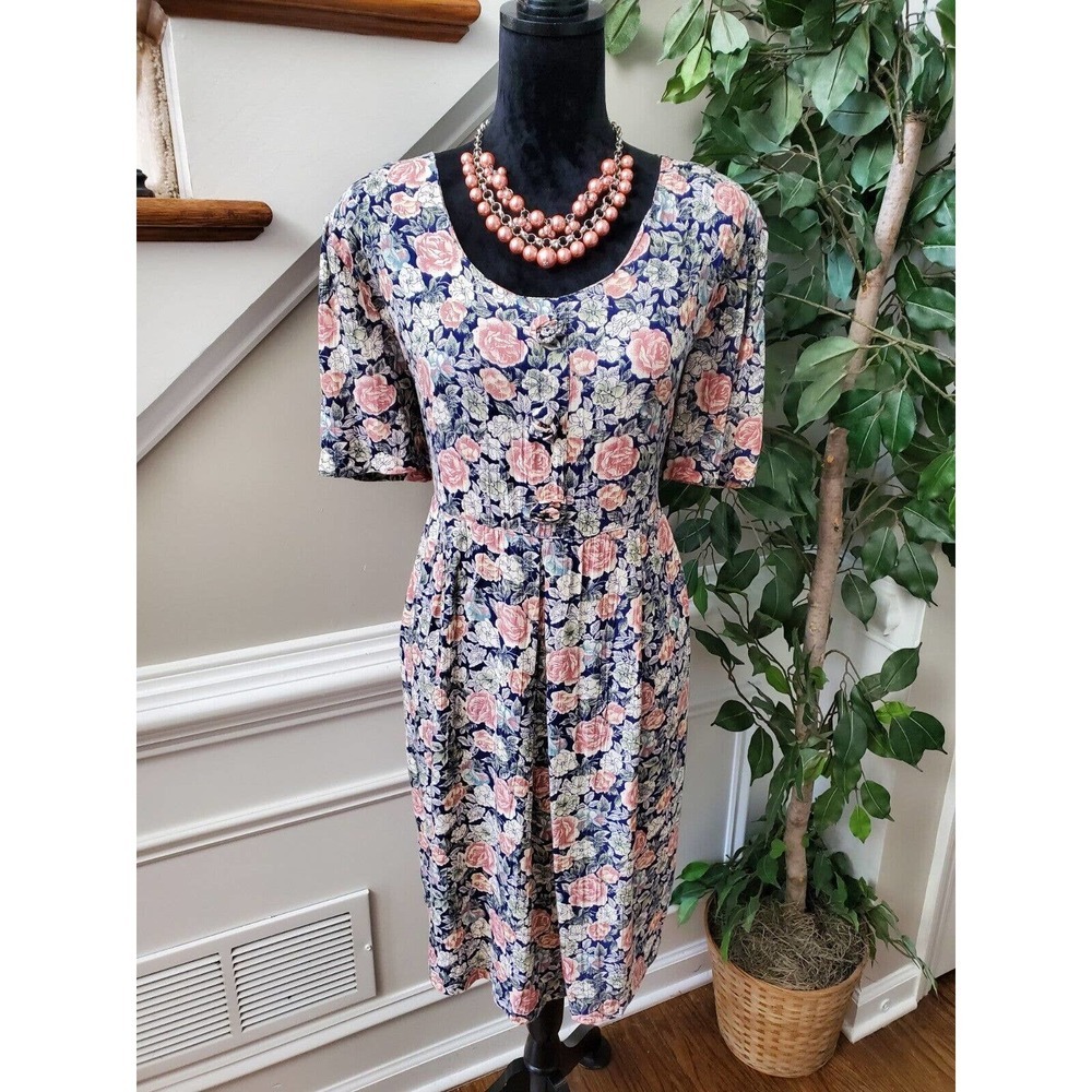 Vintage Meg Lauren Floral 100% Rayon Round Neck Short Sleeve Knee Length Dress L